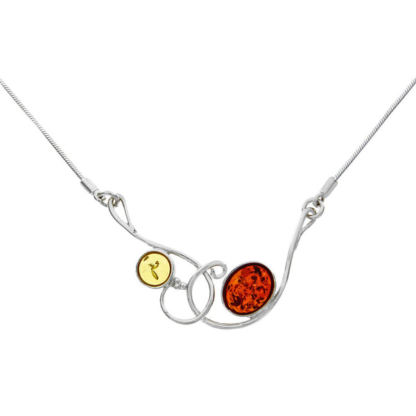 Collar con volutas entrecruzadas de plata y 2 piedras redondas de ámbar