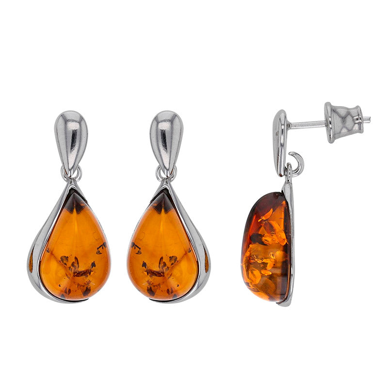Pendientes Plata 925 rodiada con Ámbar coñac