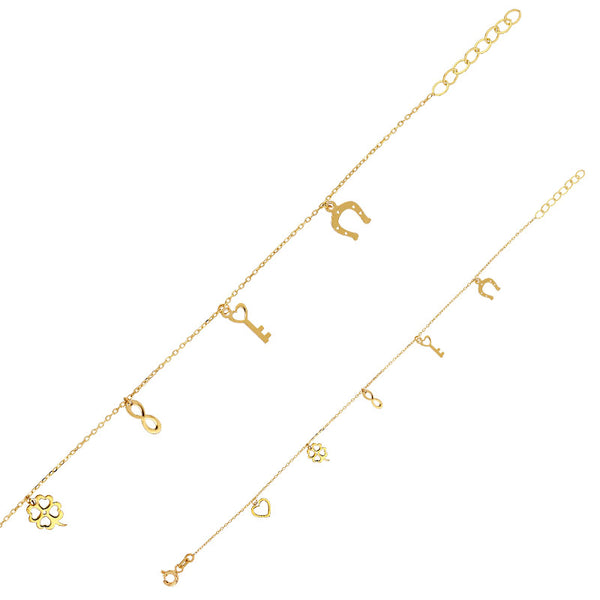 Pulsera borlas corazón, trébol, infinito, llave y herradura, oro 9 quilates