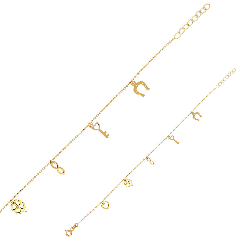 Pulsera borlas corazón, trébol, infinito, llave y herradura, oro 9 quilates