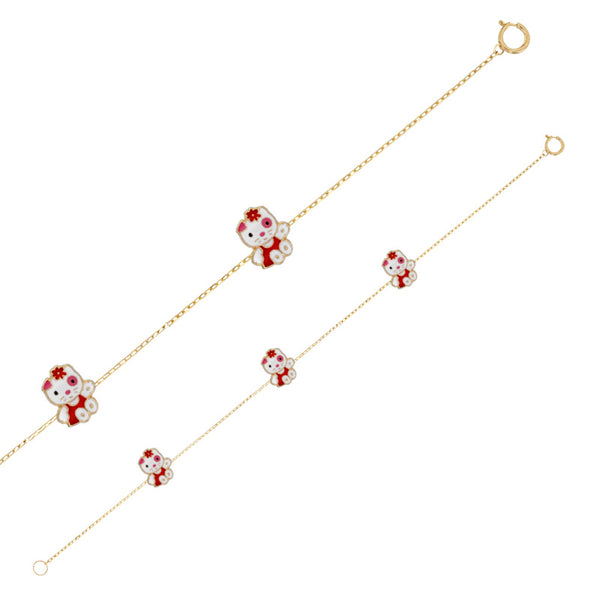 Pulsera de oro con gato y esmalte rojo